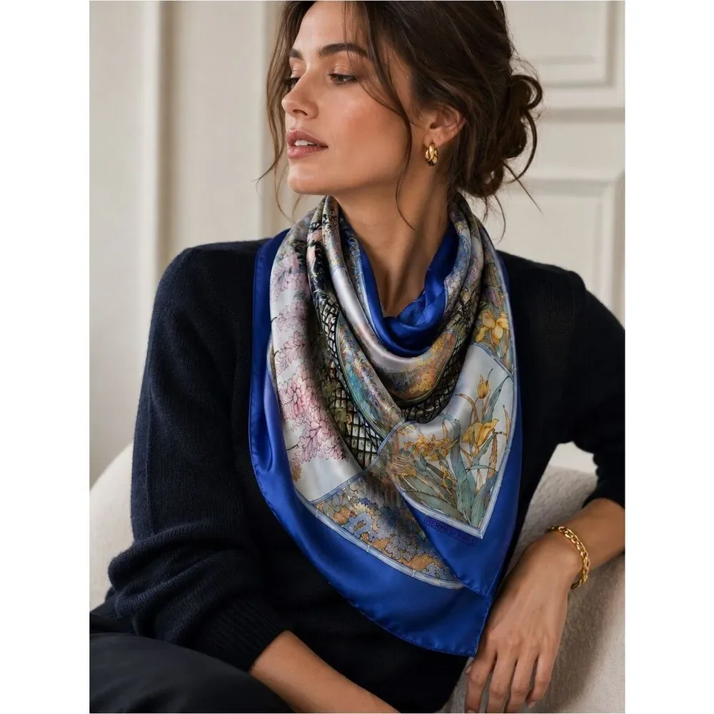 Herme's Claude Monet Giverny Garden Blue Pink Silk Scarf 35" square 1989 NIB - Picture 3 of 16